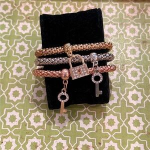 3-Piece Gold, Silver & Rose Gold Crystal Lock & Key Stretch Bracelet Set